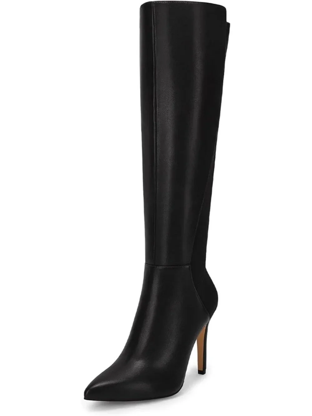 Women's Black Stiletto Heel Pointed Toe Faux Leather Zipper Knee High Boots